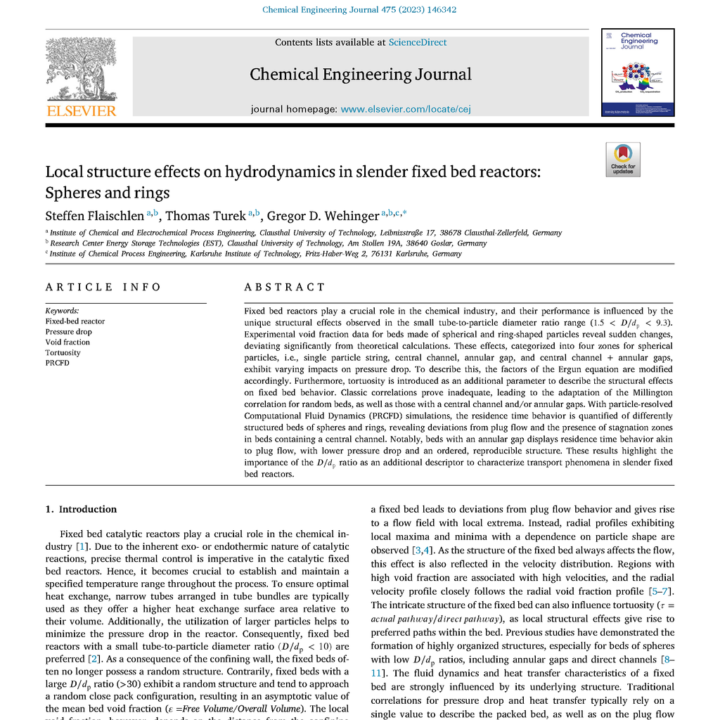 Local structure effects on hydrodynamics in slender fixed bed reactors: Spheres and rings; Chemical Engineering Journal; publication; Flaischlen; Wehinger